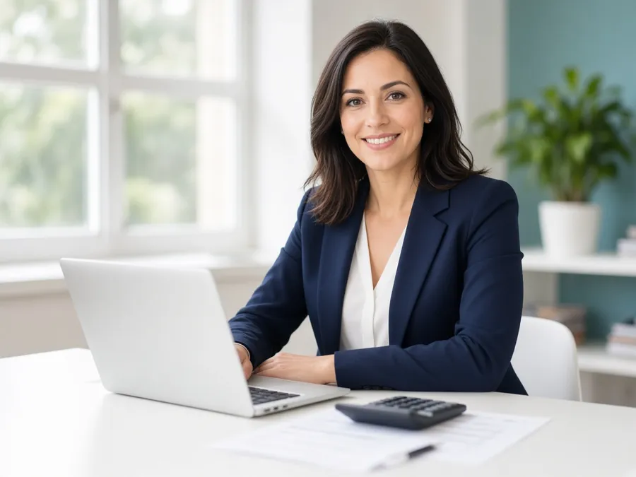 Professional at a desk with a laptop and calculator planning quarterly taxes